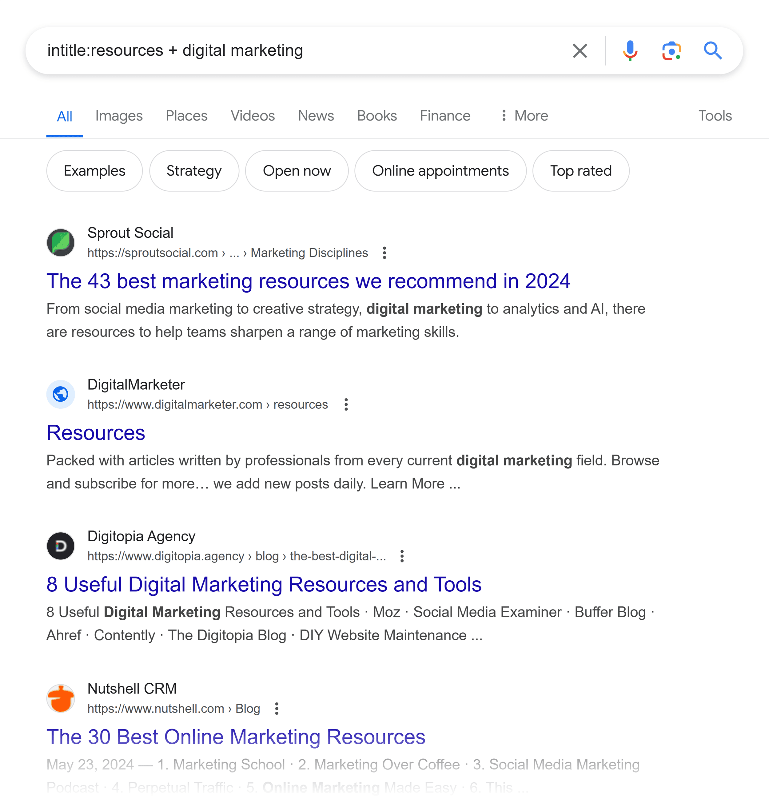 Google SERP – Intitle:resources