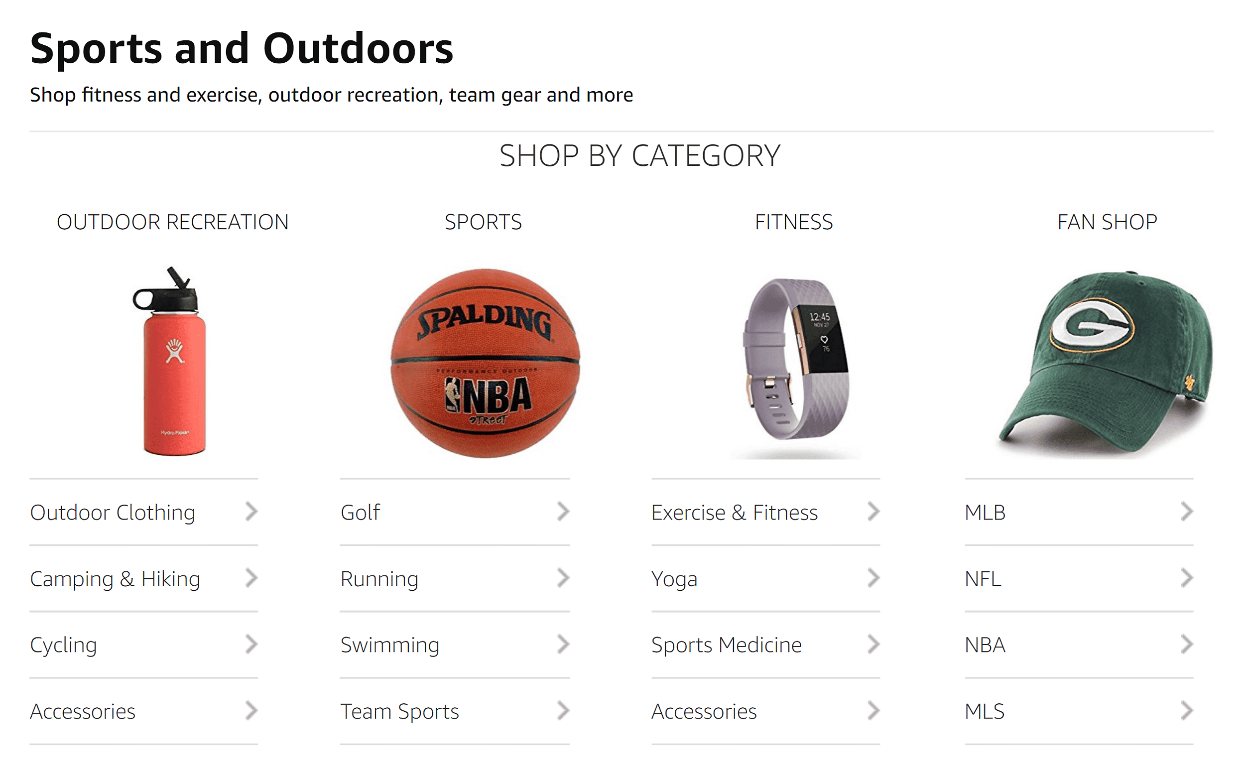 Amazon – Sports and Outdoors subcategories