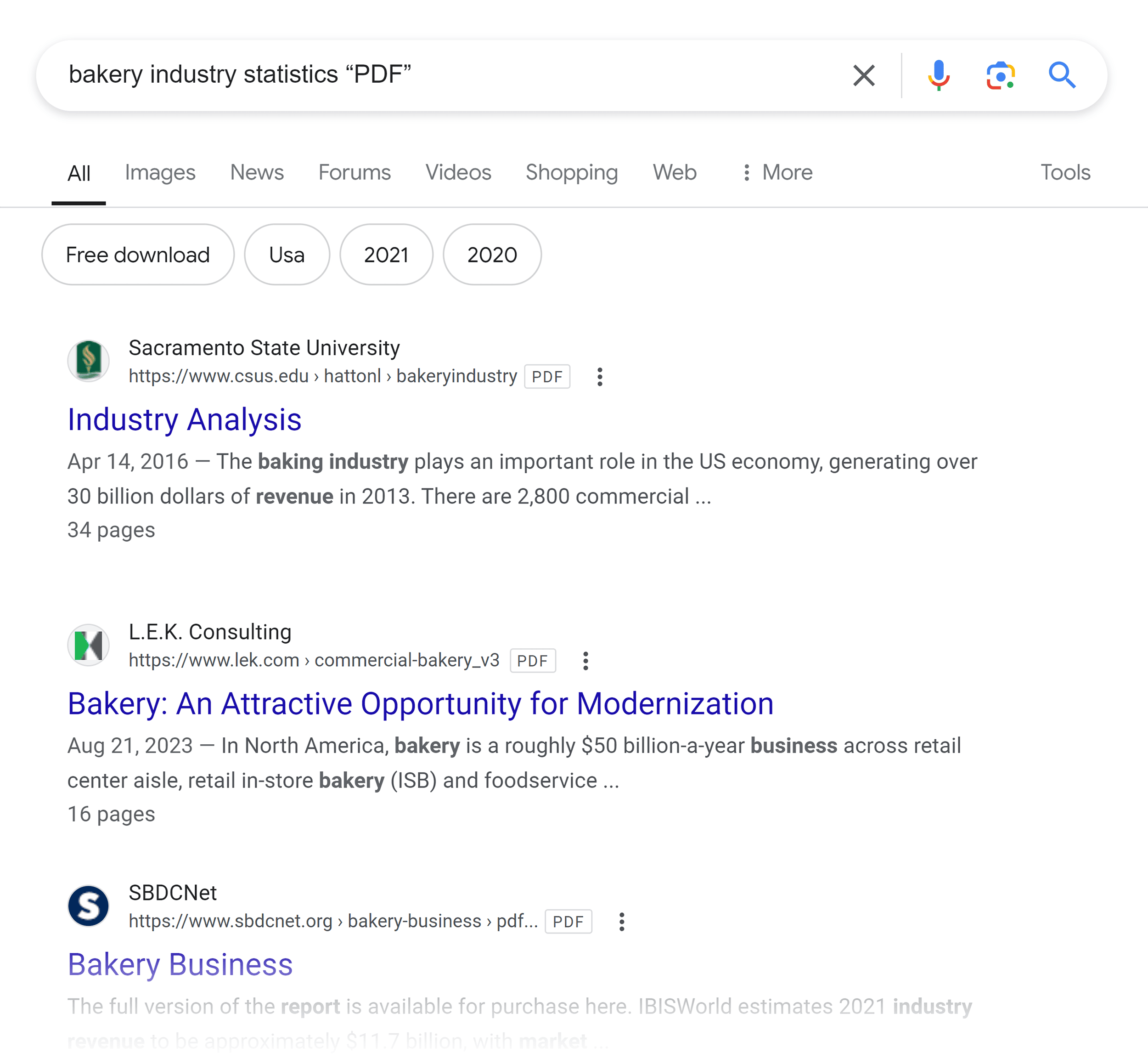 Google SERP – Bakery industry statistics “PDF” Google SERP – Bakery industry statistics "PDF"
