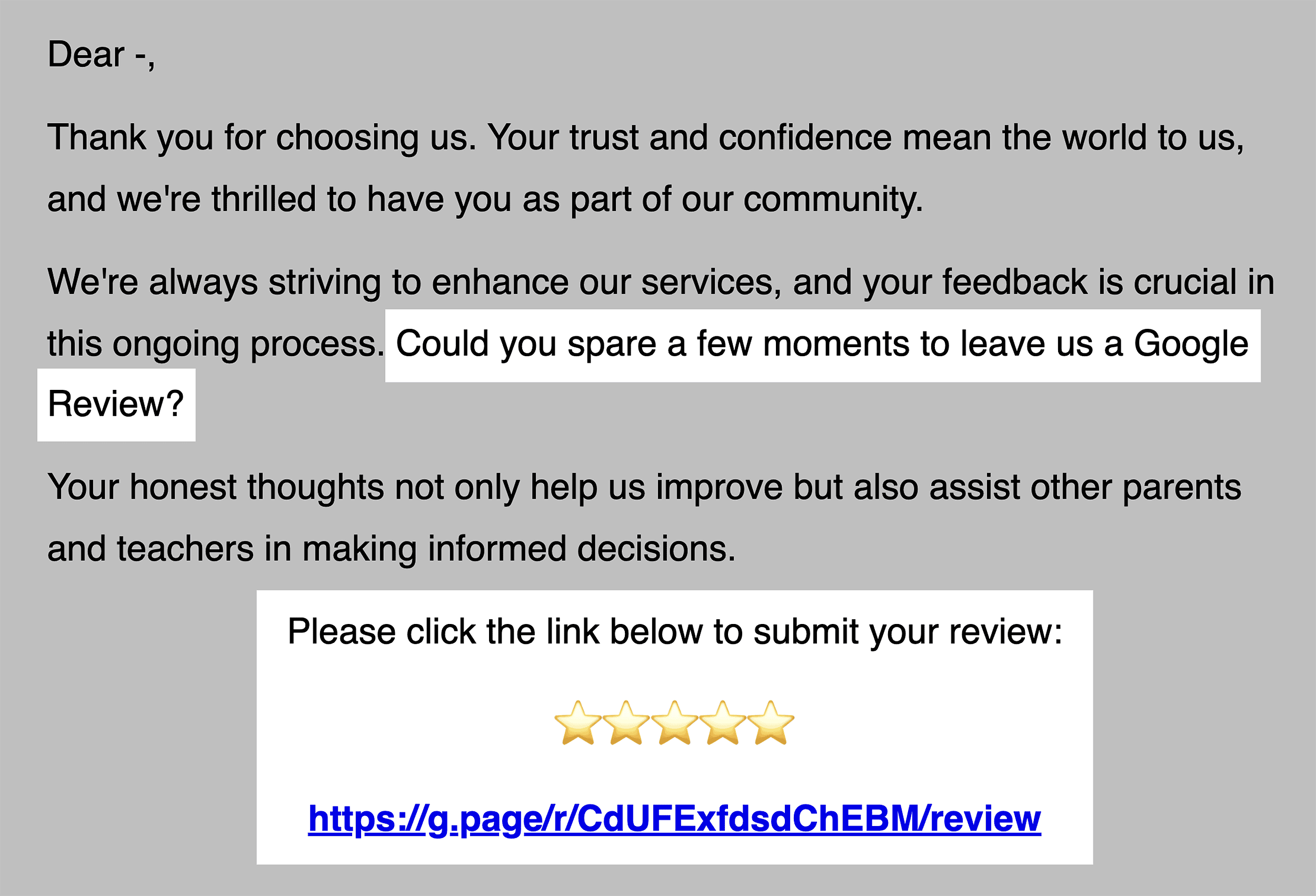 Email request – Leave a review