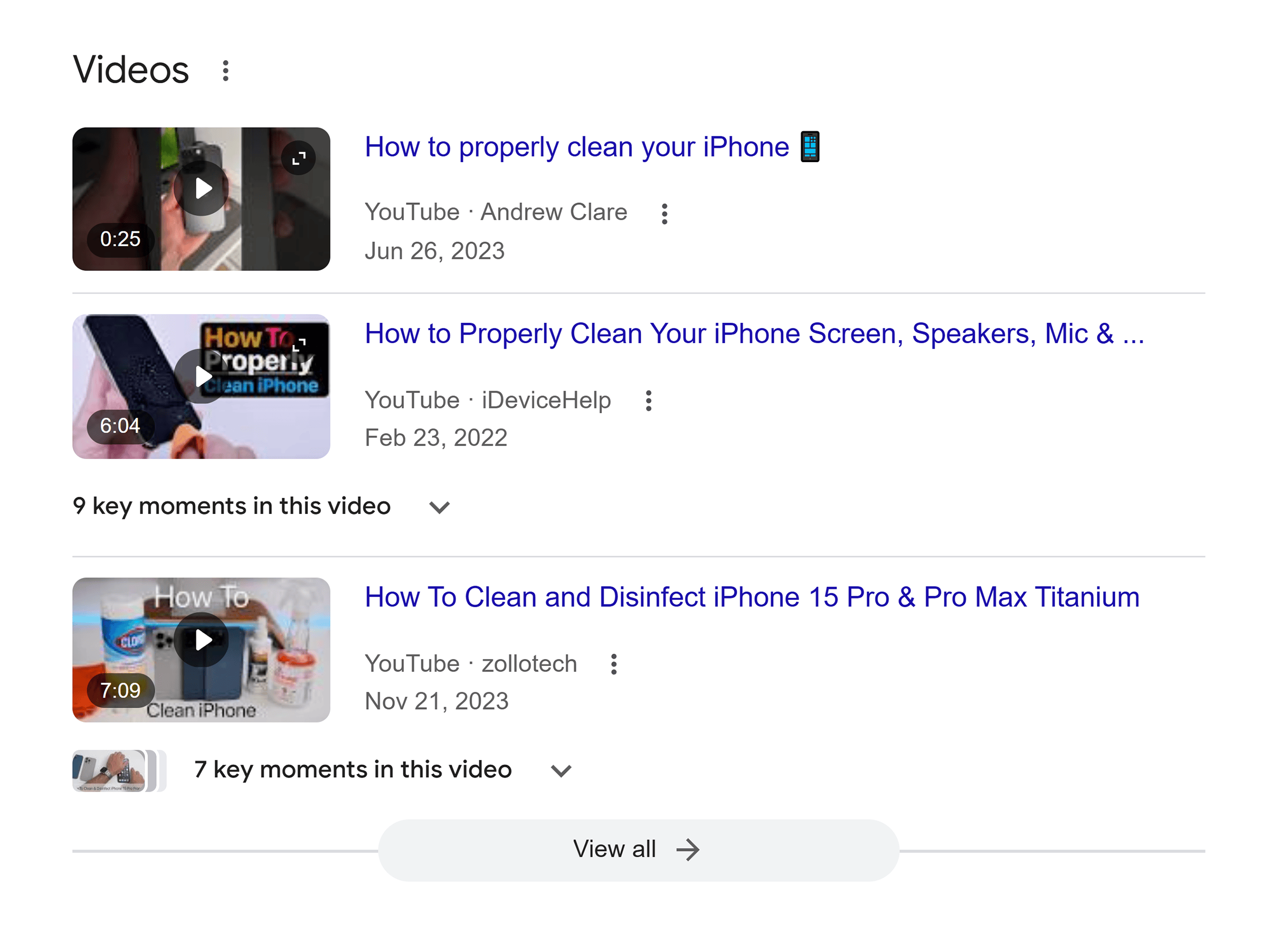 Google SERP – How to clean iPhone – Videos