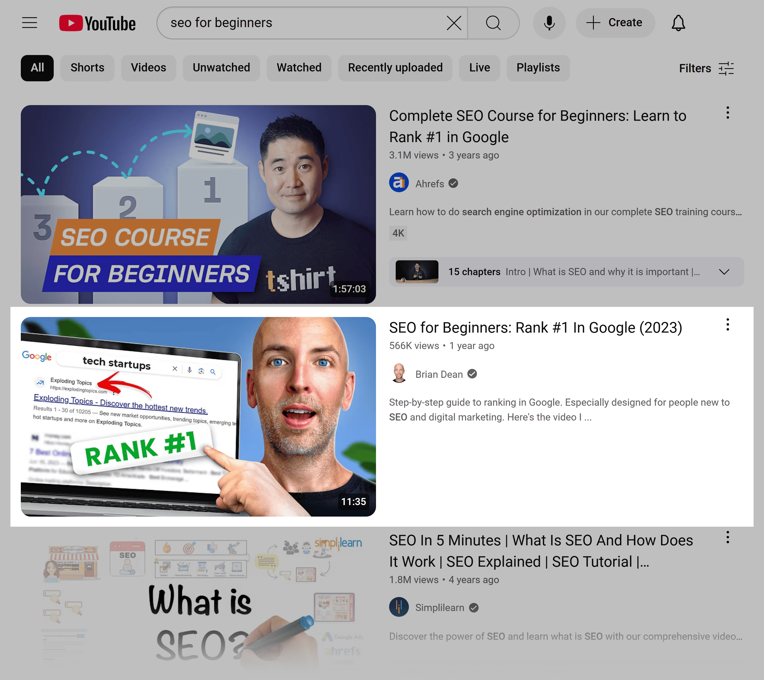 YouTube – Search – SEO for beginners