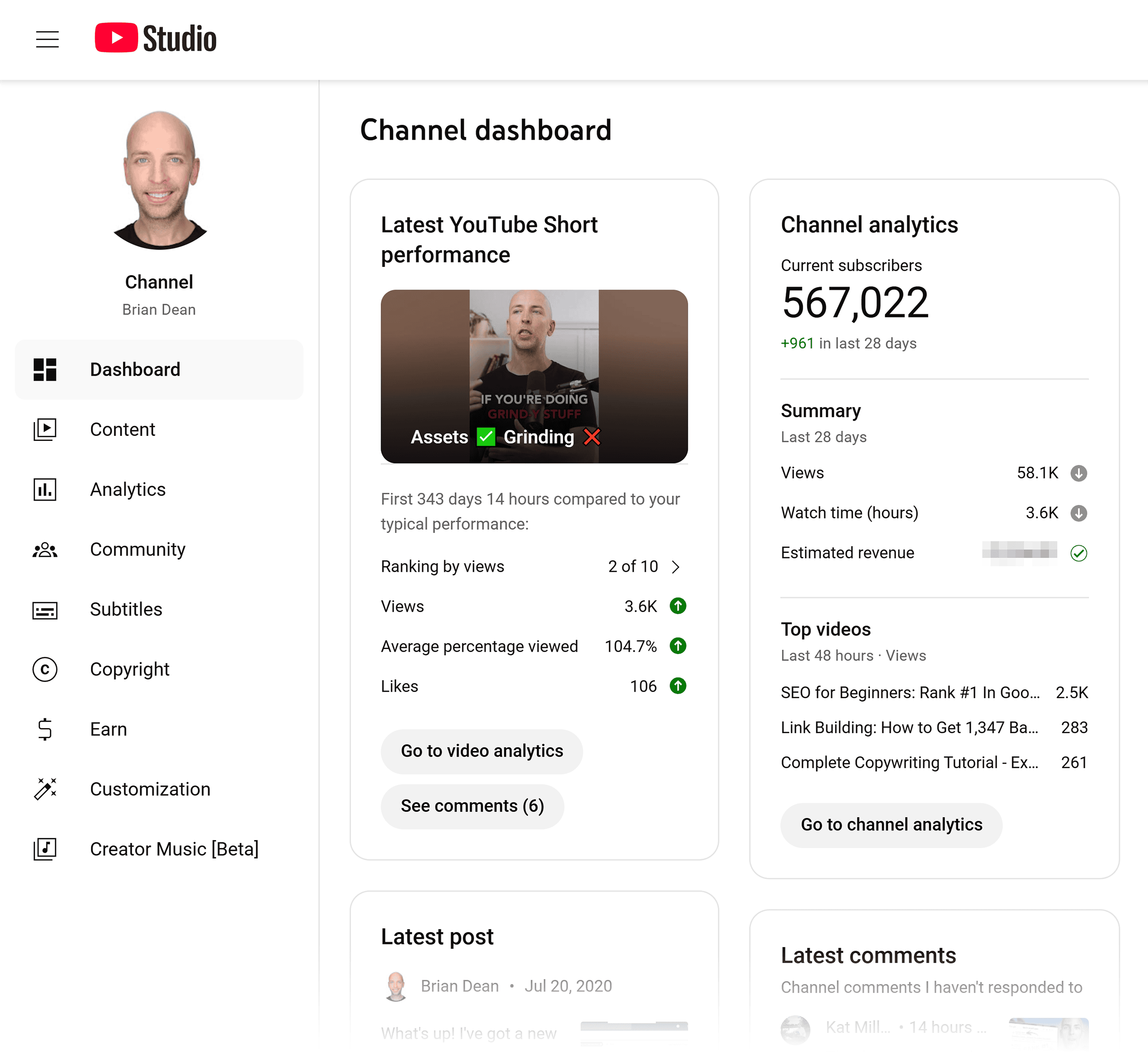 Youtube Studio – Brian Dean